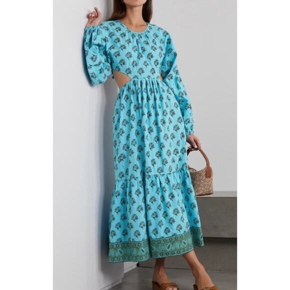 HANNAH Carmen open back printed cotton poplin maxi dress Turquoise - Picture 4 of 8